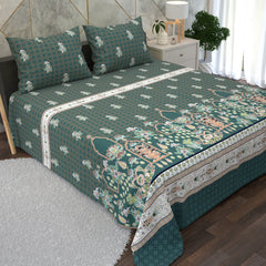 Teal Green Floral Motifs & Geometric Patterns 3 Piece Bedsheet Set