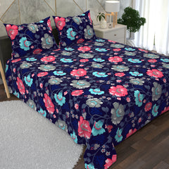 Navy Blue Floral Pattern 3 Piece Bedsheet Set