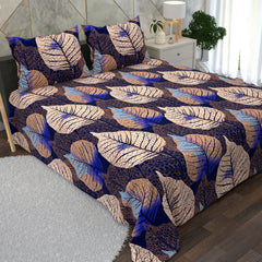 Navy Blue Leaf Design 3 Piece Bedsheet Set with Cream, Brown & Blue Accents