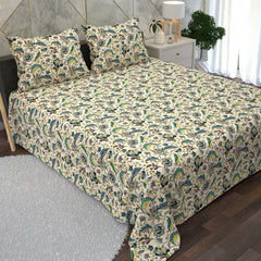 Light Cream 3 Piece Bedsheet Set with Blue, Yellow & Green Floral Design