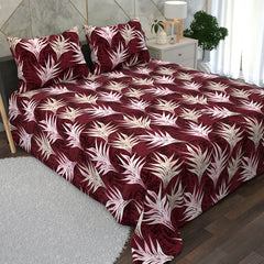 Deep Red Leaf Design 3 Piece Bedsheet Set