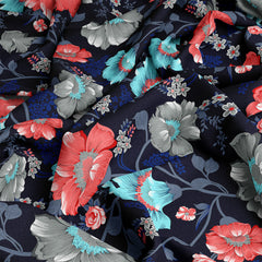 Deep Blue Floral Winter Comforter with Pink, Blue & Gray Accents